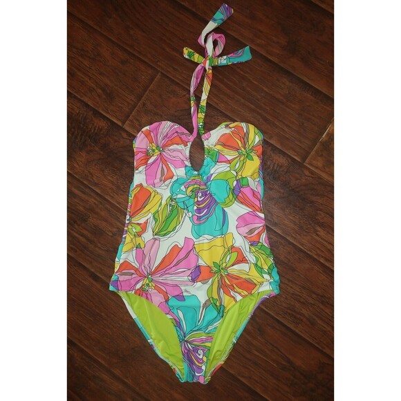 Trina Turk One Piece Swimsuit 12 14 Tropical Halter Top Kaleidoscope L XL Swim - Picture 2 of 10